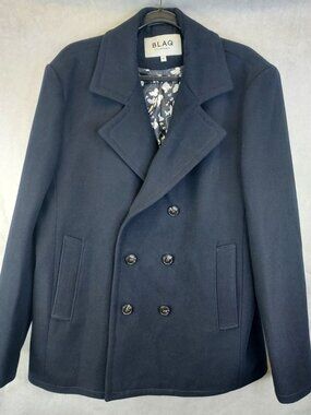 BLAQ Melbourne Wool Pea Coat Men XL Black Double Breasted Pockets Lined Nautical